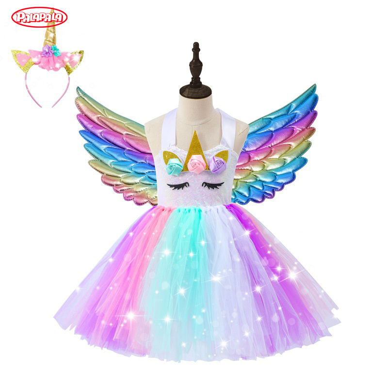 Factory Price Wedding Sweet Birthday girl Rainbow Tutu Princess Unicorn Headband Led Light Up Girls Dresses Party dress