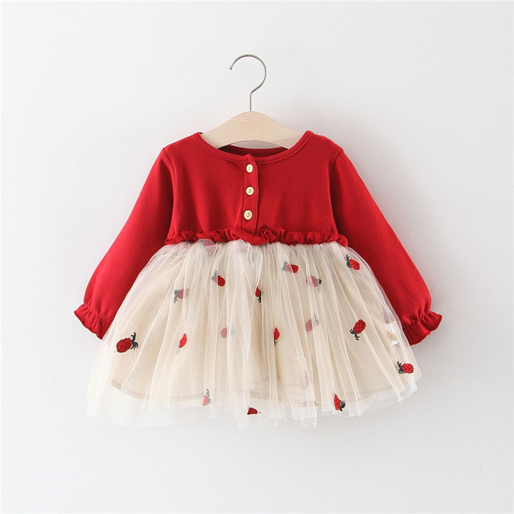 2019 New Cute Long Sleeve Baby Girls Dress Red Cotton  Puff Sleeve Embroideres Toddle Dress 0-5Y