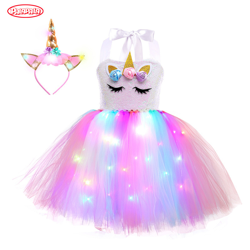 Factory Price Wedding Sweet Birthday girl Rainbow Tutu Princess Unicorn Headband Led Light Up Girls Dresses Party dress