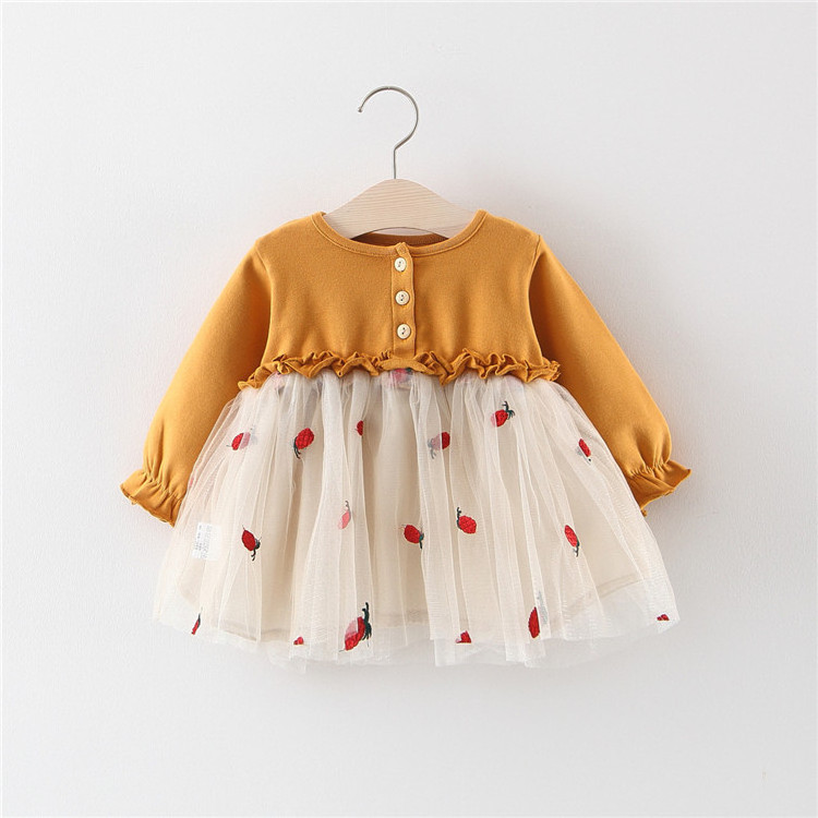 2019 New Cute Long Sleeve Baby Girls Dress Red Cotton  Puff Sleeve Embroideres Toddle Dress 0-5Y