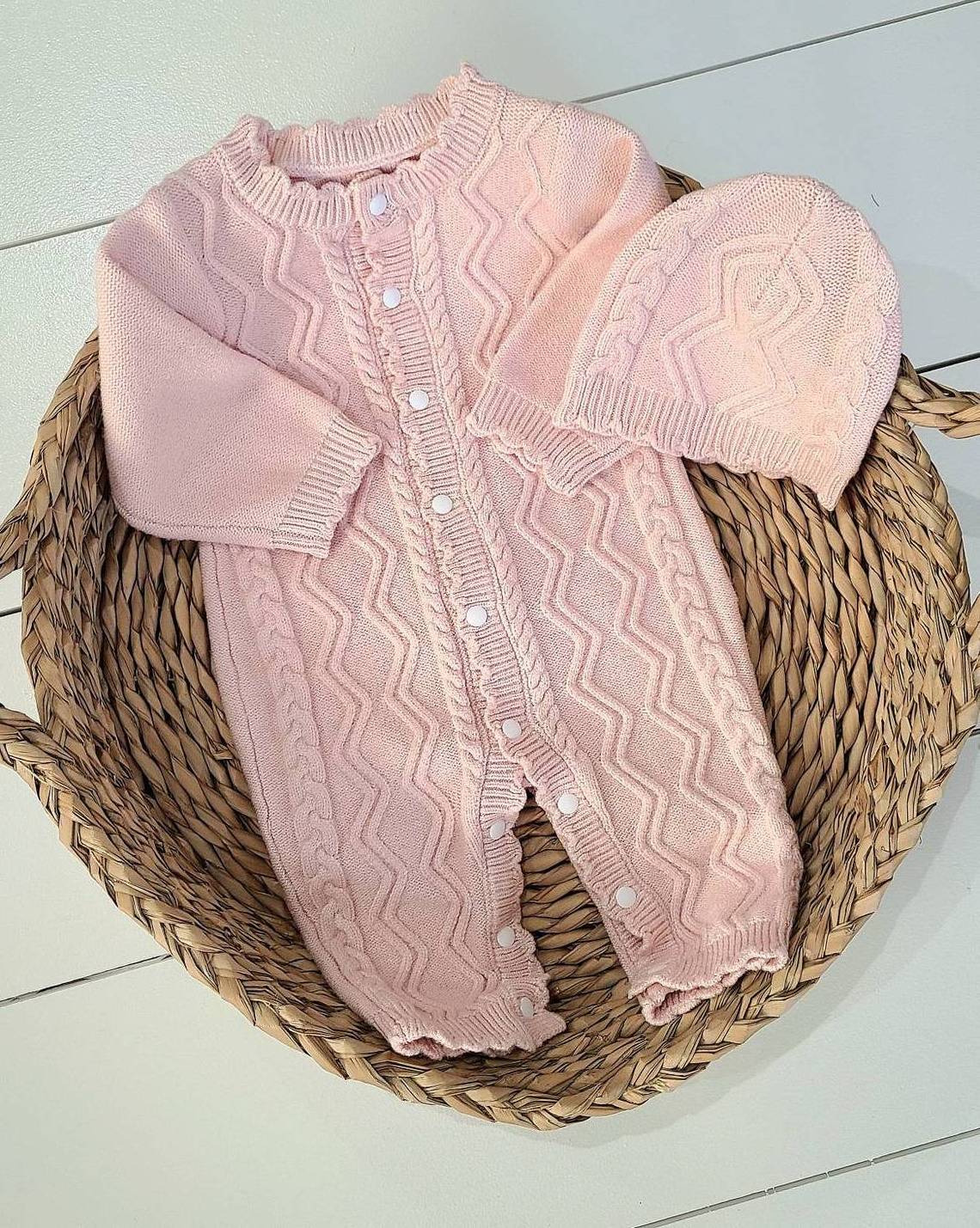 Newborn Baby Girl Pink Clothes Long Sleeve Jumpsuit Winter Clothing Organic Cotton Knit Sweater Romper Hat Sets Baby Pajamas