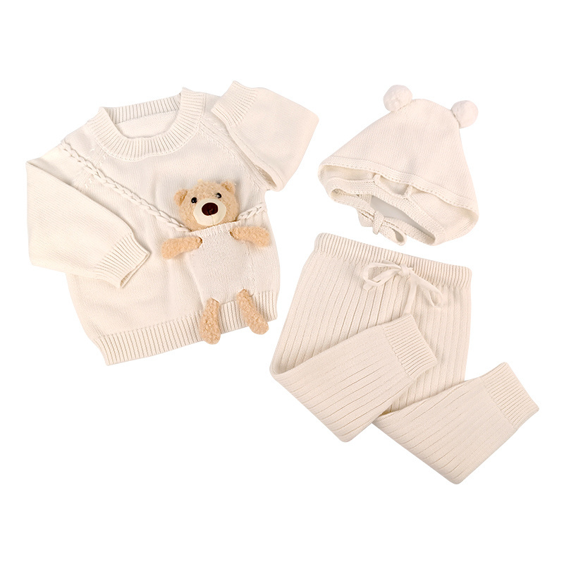 OEM 3 Pieces Boutique Bear High Quality New Born Baby Boy Girl Knitted Pullover Sweaters Clothing Sets Winter