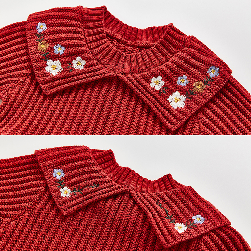 Paleo Baby Knitted Dress Custom Embroidery Flower Kids A Line Frock Party Toddler Girl Clothing Floral Baby Winter Dress