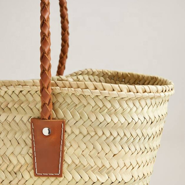 Handwoven Moroccan Basket Bag Beach Summer bag Straw Basket Bags With Long Leather Handles