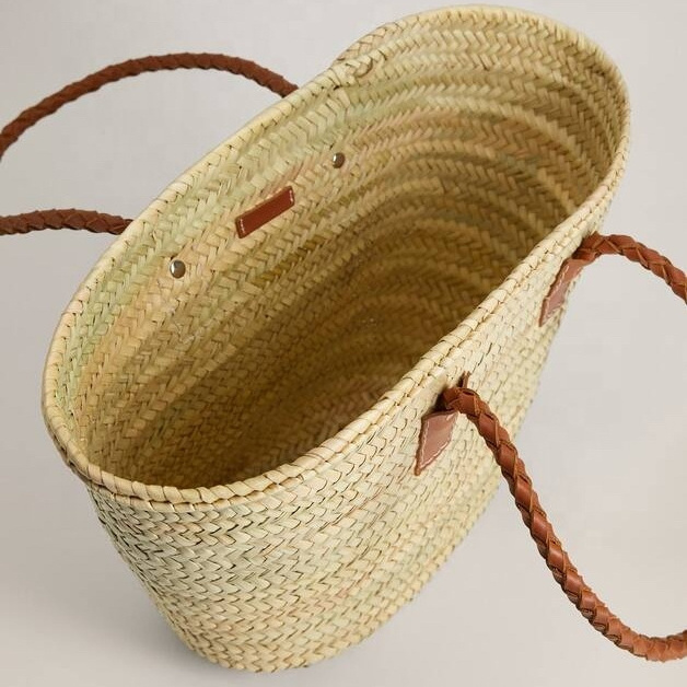 Handwoven Moroccan Basket Bag Beach Summer bag Straw Basket Bags With Long Leather Handles