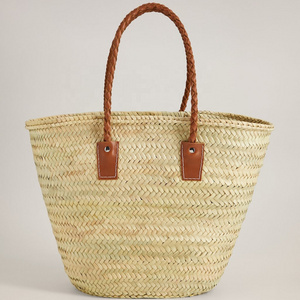 Handwoven Moroccan Basket Bag Beach Summer bag Straw Basket Bags With Long Leather Handles