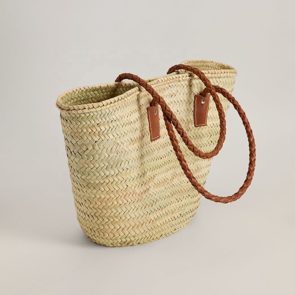 Handwoven Moroccan Basket Bag Beach Summer bag Straw Basket Bags With Long Leather Handles