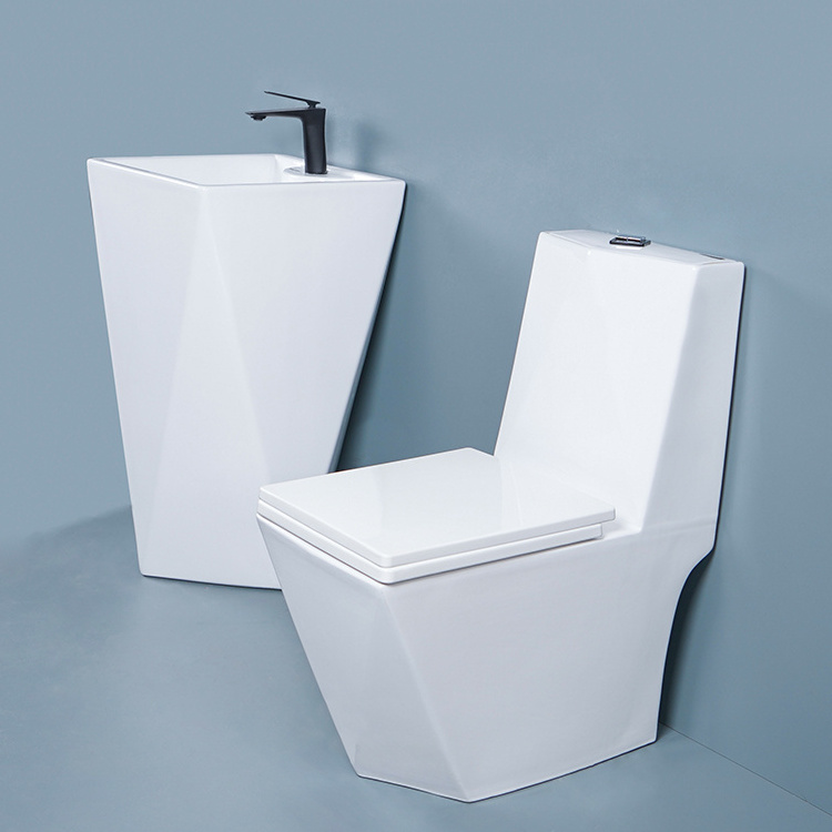 Unique Diamond Design One Piece Ceramic Toilet And Pedestal Basin Sink Sets Bathroom Luxury Wc Toilets Set