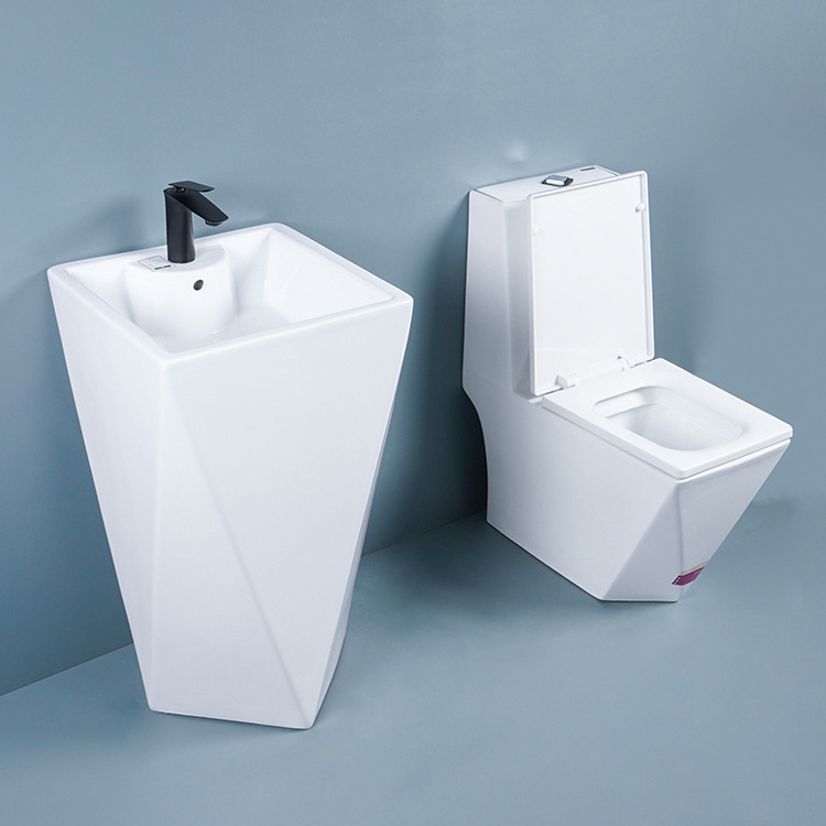 Unique Diamond Design One Piece Ceramic Toilet And Pedestal Basin Sink Sets Bathroom Luxury Wc Toilets Set