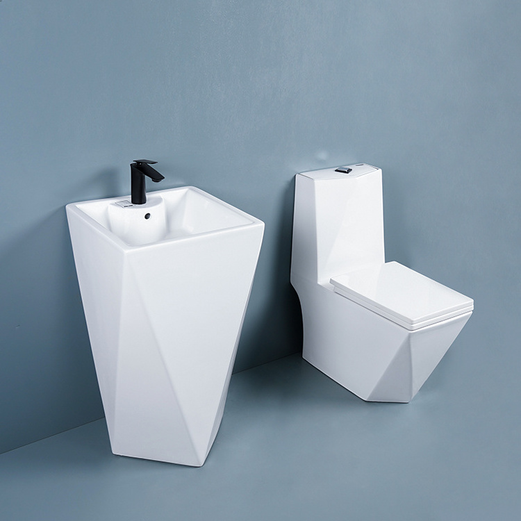 Unique Diamond Design One Piece Ceramic Toilet And Pedestal Basin Sink Sets Bathroom Luxury Wc Toilets Set