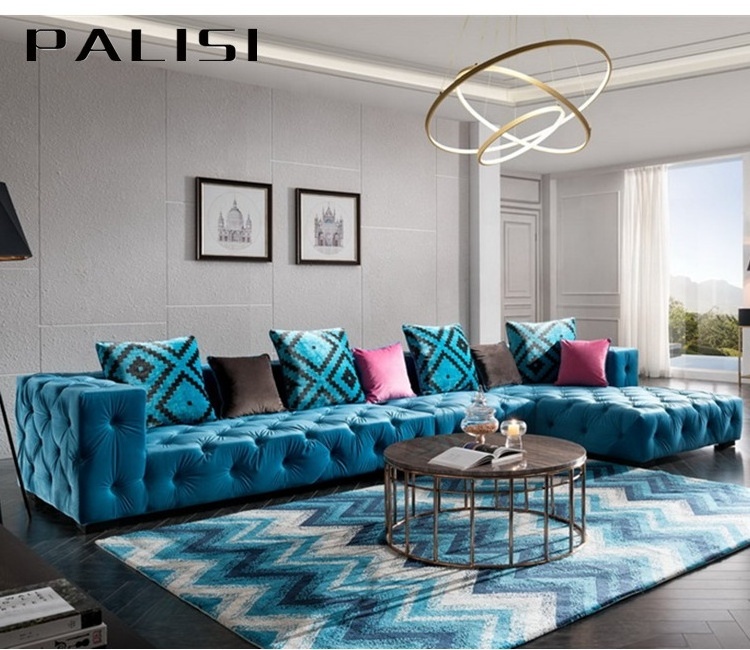 Fashion Furniture 7 Seater L shape Tufted Blue Velvet Sofa Modern Home Center Sofa Set Living Room Chaise Sofa