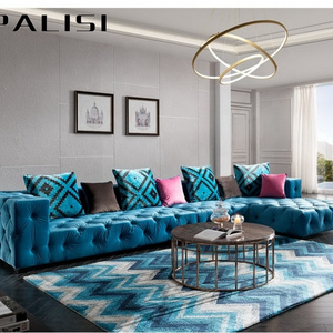 Fashion Furniture 7 Seater L shape Tufted Blue Velvet Sofa Modern Home Center Sofa Set Living Room Chaise Sofa