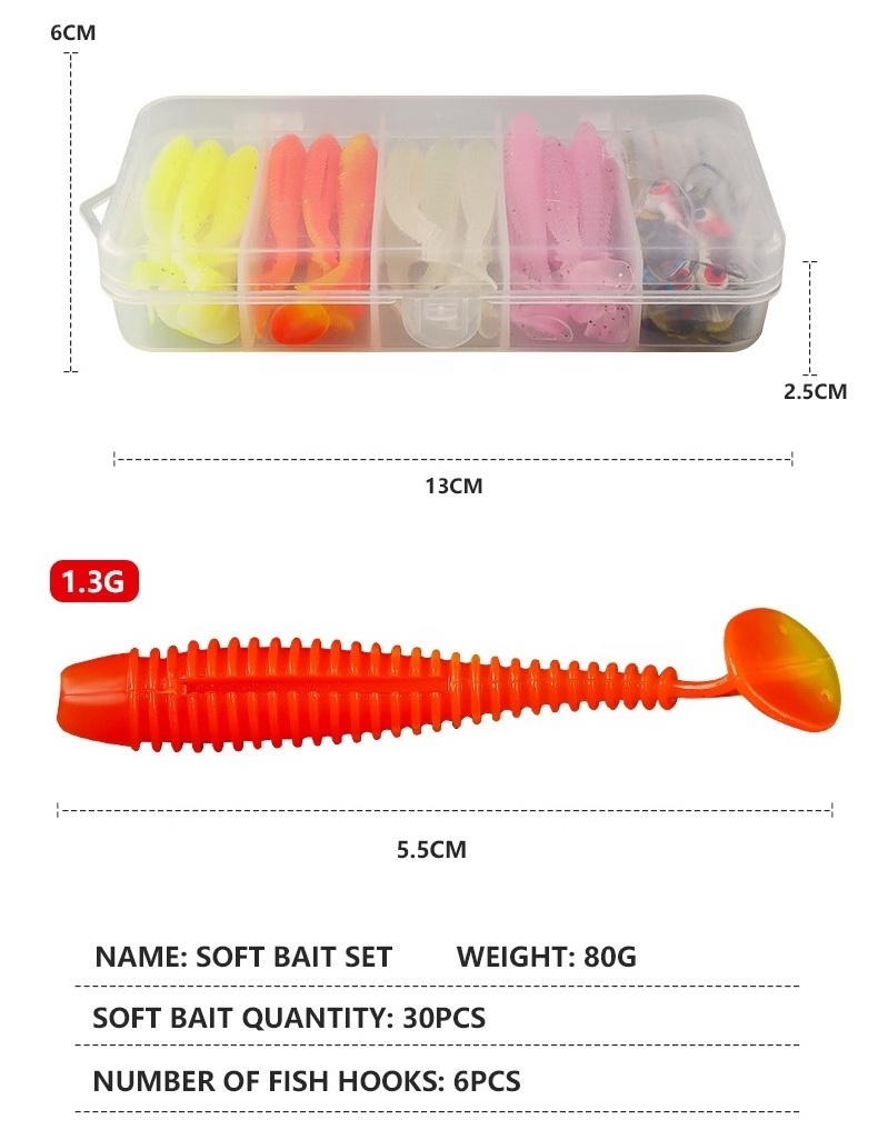 Palmer 36pcs 80g worm lure fishing lures set colorful lead jig head hook swimbait set box Artificial tpr soft plastic lure bait