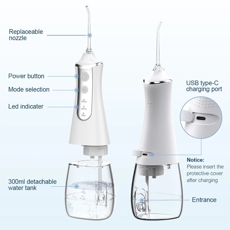 Portable Oral Irrigator Water Flosser Dental Water Jet Tools Pick Cleaning Teeth 300ML 5 Nozzles Mouth Washing Machine Floss