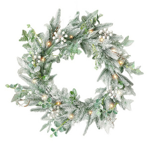 Xmas White Snow Pine Needle Wreath Christmas Hanging Decor Wreath White with Lights Led White Snow Garland for Front Door Decor