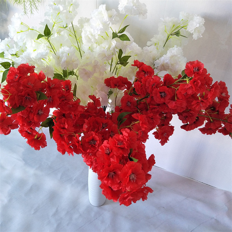 Hot-sale Cherry Blossom Tree Branches with Leaves Artificial Flower Branch Red White for Wedding Centerpiece Room Table Decor