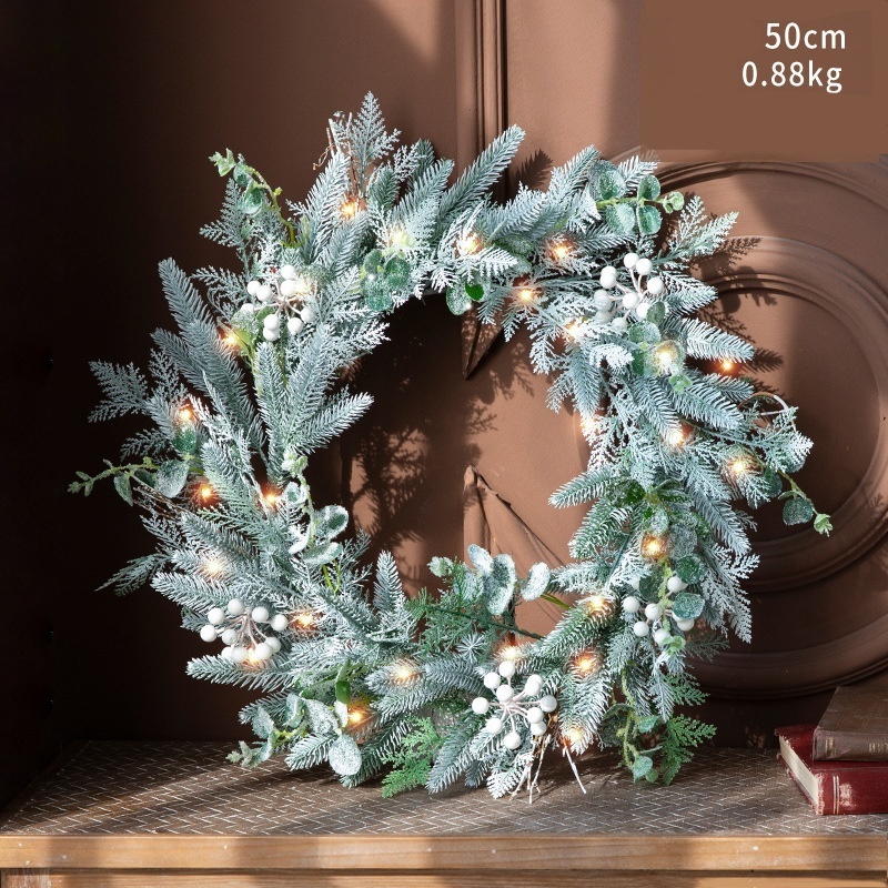 Xmas White Snow Pine Needle Wreath Christmas Hanging Decor Wreath White with Lights Led White Snow Garland for Front Door Decor