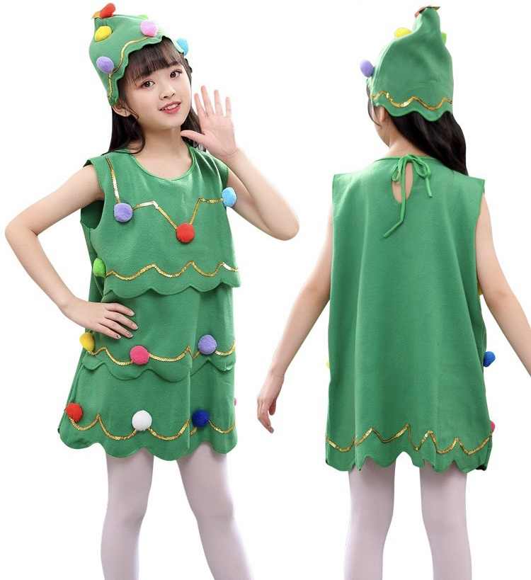 Fashion Girls Green Sleeveless Dress Santa Claus Sets Christmas Colorful Plush Balls Dress Hat Santa costumeSet