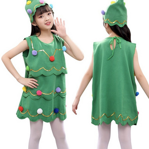 Fashion Girls Green Sleeveless Dress Santa Claus Sets Christmas Colorful Plush Balls Dress Hat Santa costumeSet