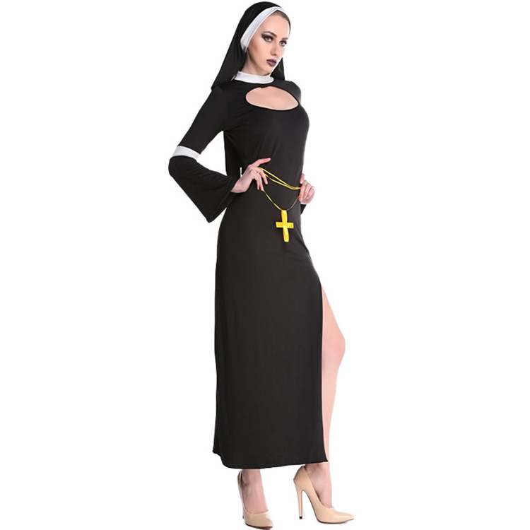 Halloween Jesus Christ Missionary Minister Priest Cosplay Jumpsuit Women's Our Lady Roleplay Dress Cross Necklace Set