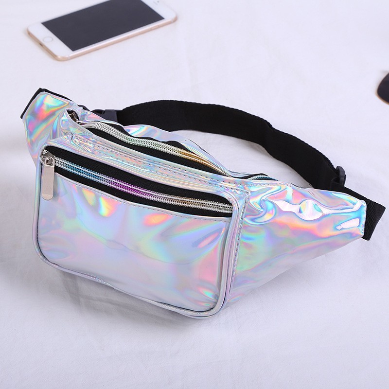 New Women'S  PU Waist Bag Iridescent Fanny Pack Belt Bag Multi-Function Laser Waterproof Waist Bag