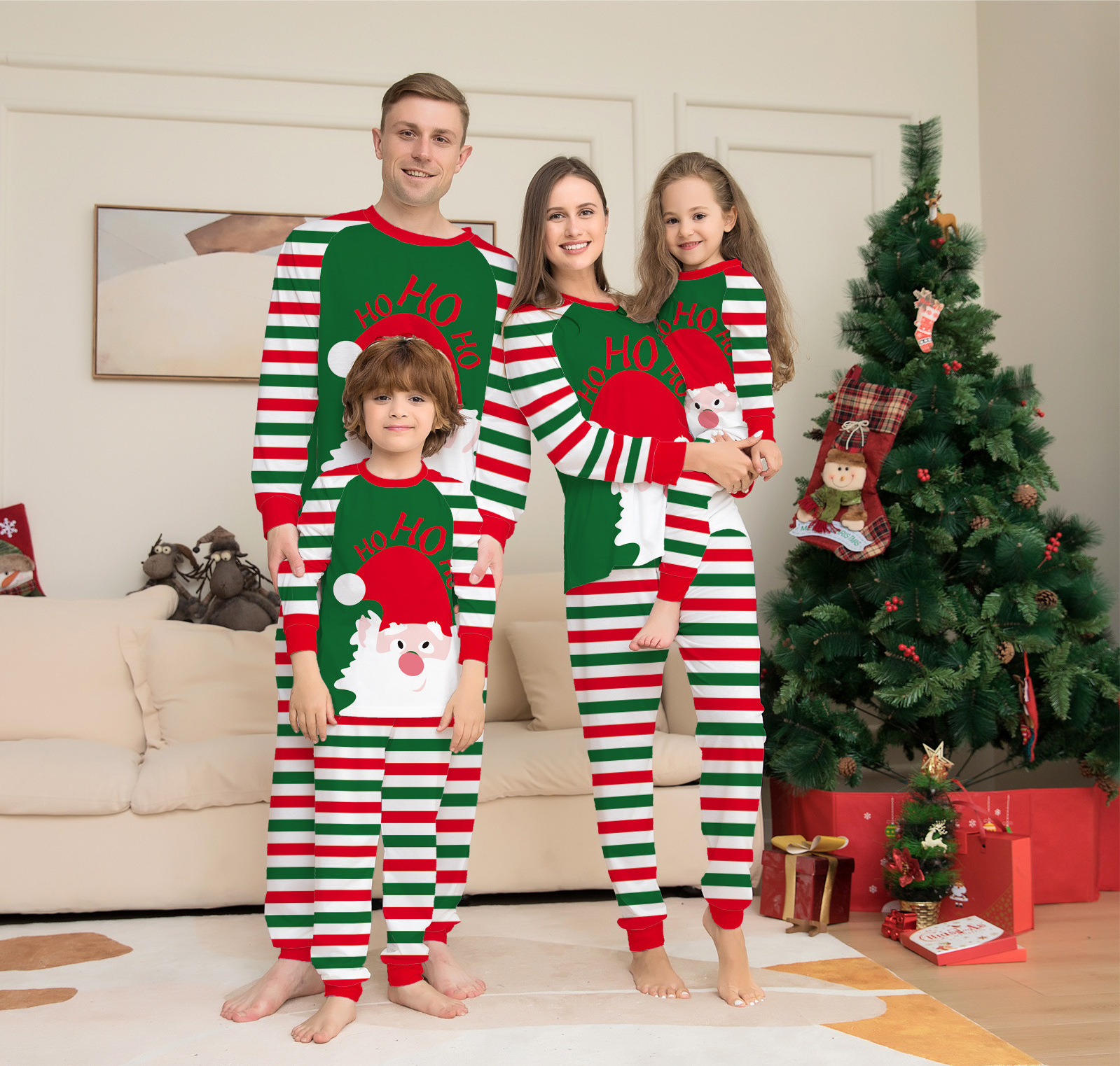 Winter Cotton Pyjamas christmas Green Red Stripes Pyjamas Printed Parent-child Home Sets pajamas matching sets