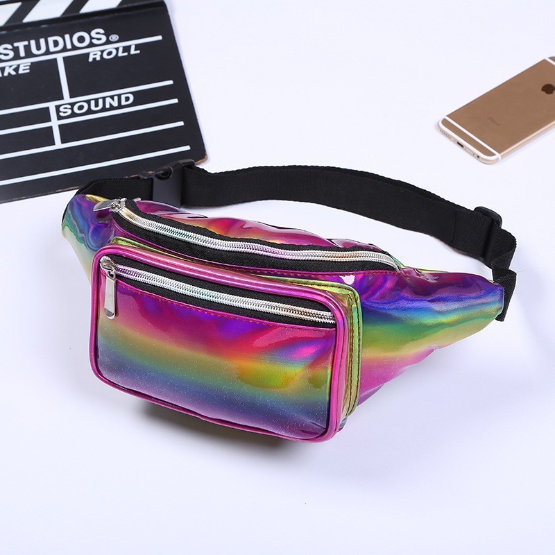 New Women'S  PU Waist Bag Iridescent Fanny Pack Belt Bag Multi-Function Laser Waterproof Waist Bag