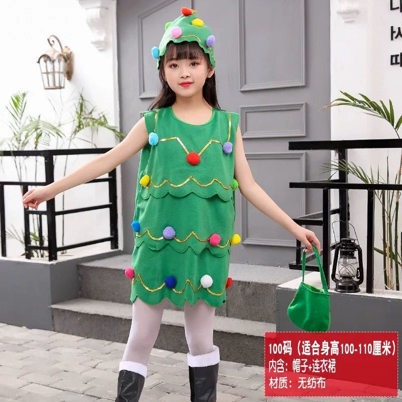 Fashion Girls Green Sleeveless Dress Santa Claus Sets Christmas Colorful Plush Balls Dress Hat Santa costumeSet