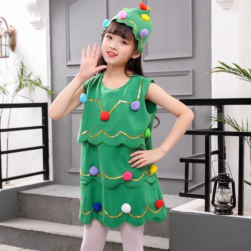 Fashion Girls Green Sleeveless Dress Santa Claus Sets Christmas Colorful Plush Balls Dress Hat Santa costumeSet