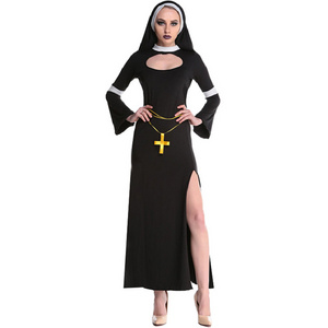 Halloween Jesus Christ Missionary Minister Priest Cosplay Jumpsuit Women's Our Lady Roleplay Dress Cross Necklace Set