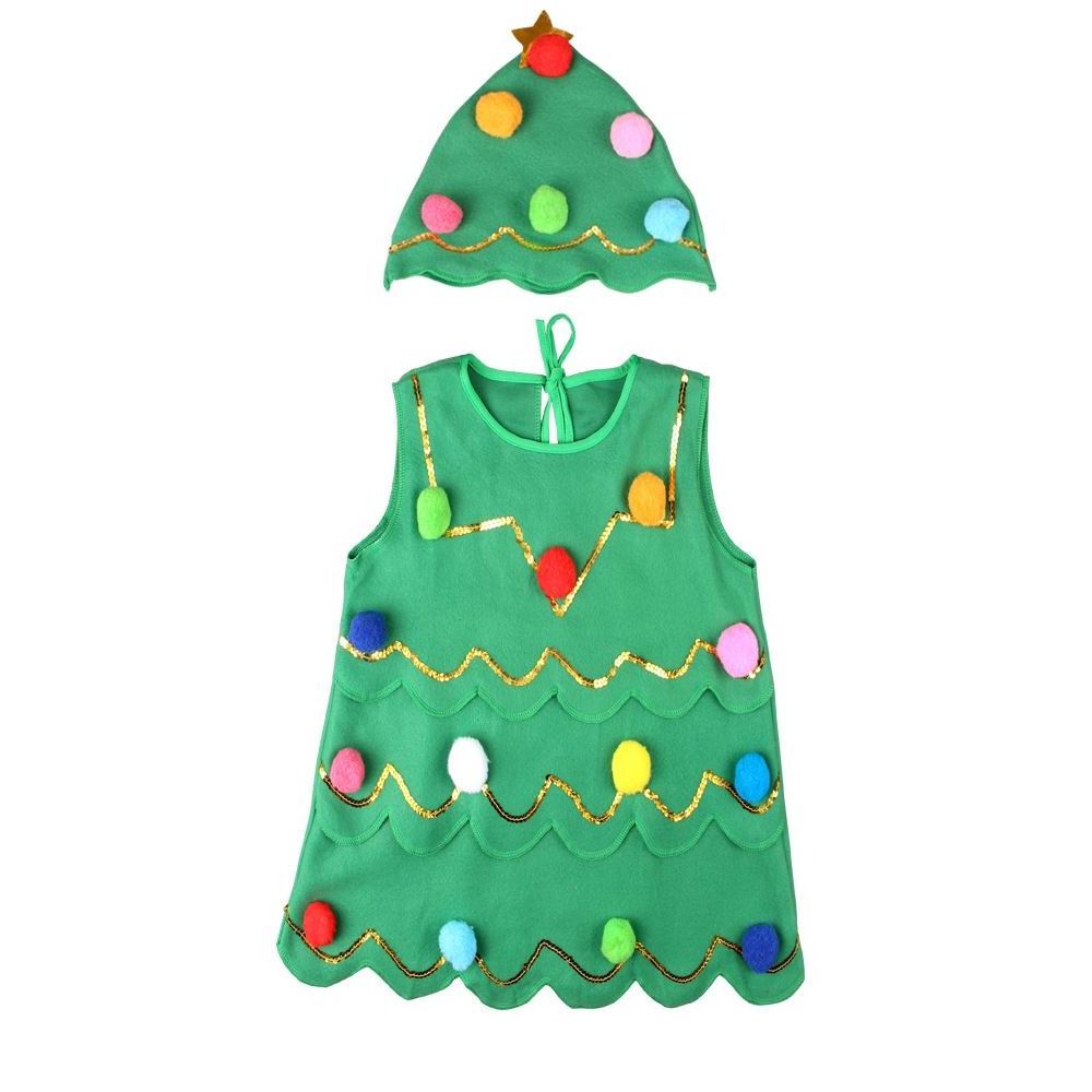 Fashion Girls Green Sleeveless Dress Santa Claus Sets Christmas Colorful Plush Balls Dress Hat Santa costumeSet