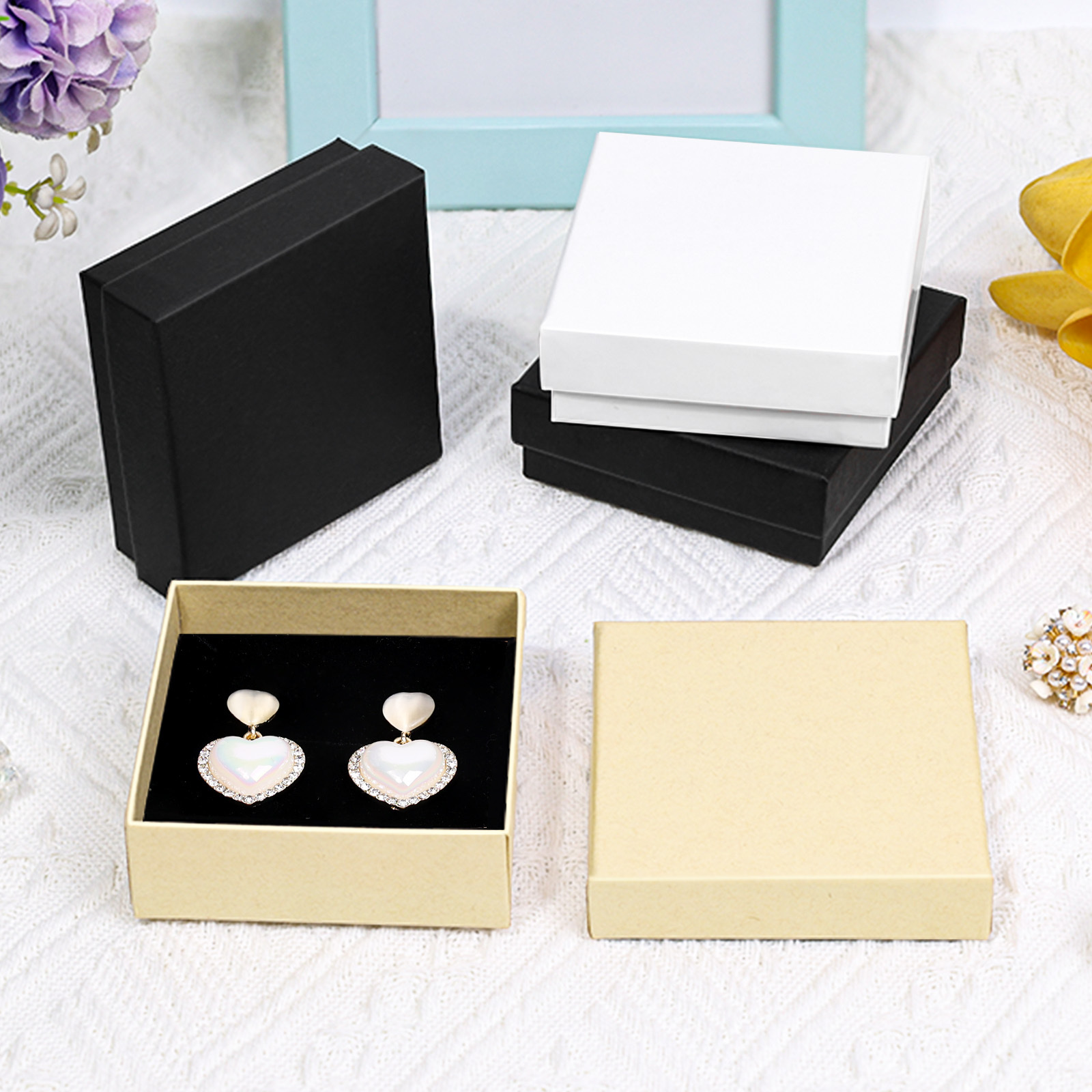 Custom Bracelet Necklace Earrings Ring Kraft Paper Packaging Jewelry Gift Box with Black Foam