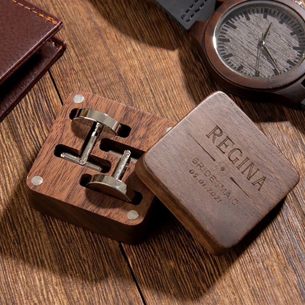 Groomsman Gift Personalized Cufflinks Tie Clip Money Clip Package walnut dark Wood Box Gift Small Wood Box