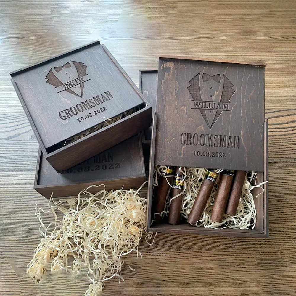 Custom logo hot sale wedding gift groomsman keepsake box cigar package wooden packaging boxes with slide top wholesale