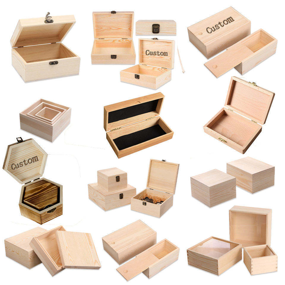 Fancy pine wood natural color custom gift box with transparent lid wood packaging box