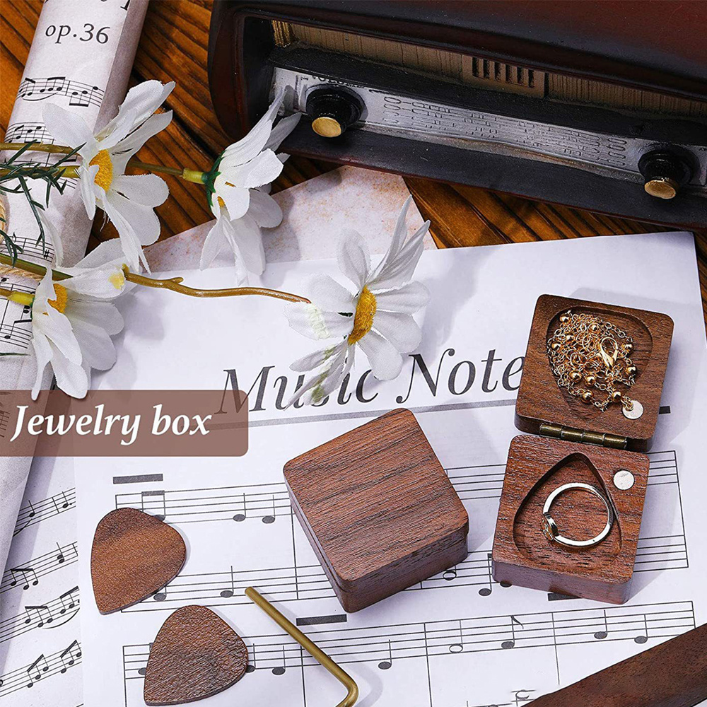 Cheap Custom Logo covered Lid Wedding Proposal walnut solid necklace wooden gift Guitar pick  wood ring box