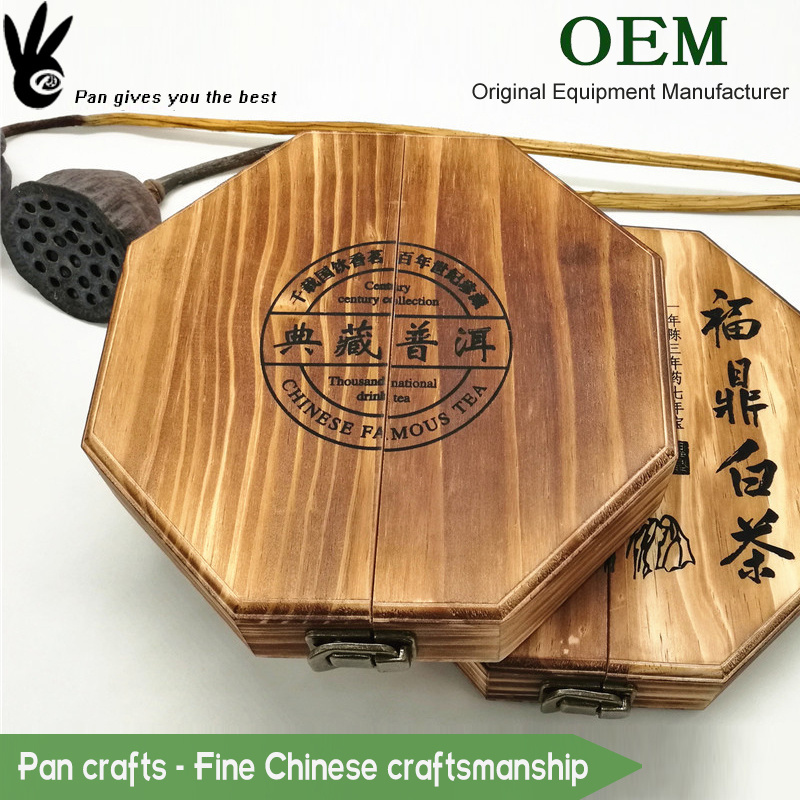 Carbonized retro hexagon wooden tea box wood tea bag packaging storage box for customize logo