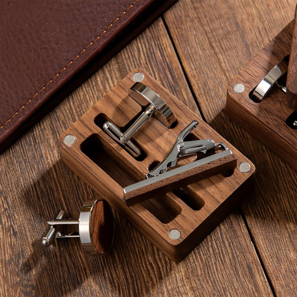 Groomsman Gift Personalized Cufflinks Tie Clip Money Clip Package walnut dark Wood Box Gift Small Wood Box