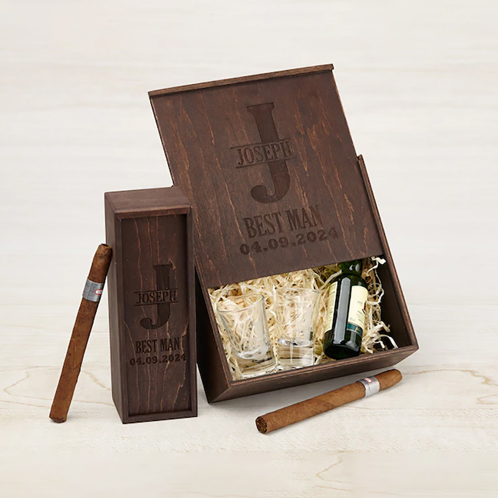 Custom logo hot sale wedding gift groomsman keepsake box cigar package wooden packaging boxes with slide top wholesale