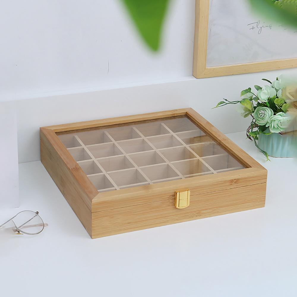 Natural color Custom transparent lid wooden box compartments custom size candy tea chocolate  packaging wooden box