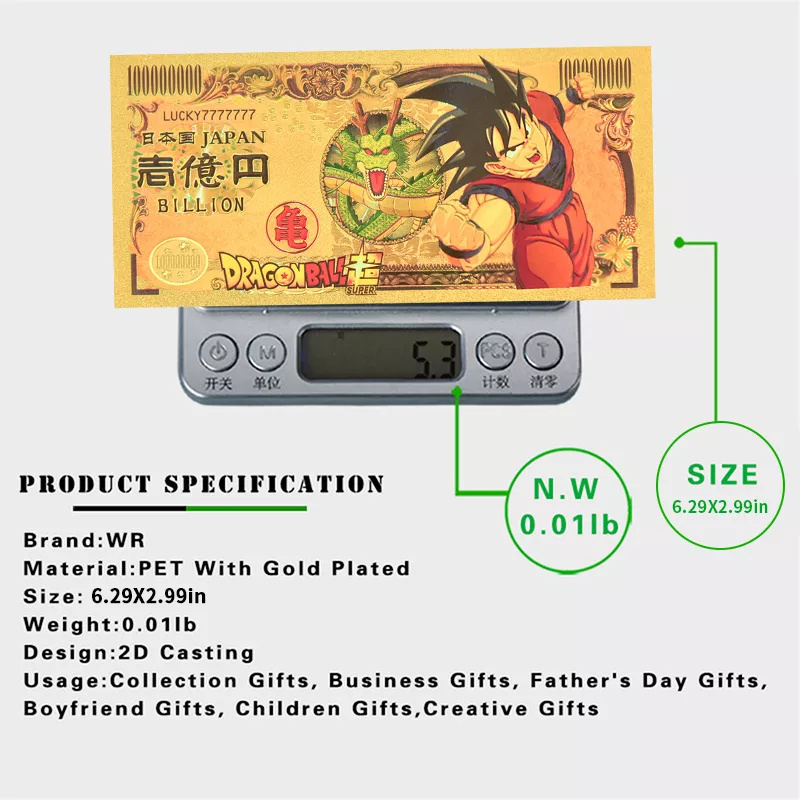 Hotsale Japan Dragon Cartoon Gold Plastic Banknote DG Ball Foil Cards Classic Anime Souvenir 10000 Yen Prop Money Gifts