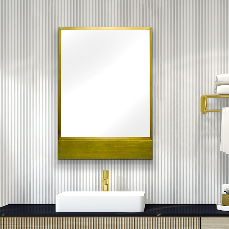 Brushed Bronze Bathroom Vanity Mirror Glass Panel Metal Deep Set Design Rectangular Wall Mirror