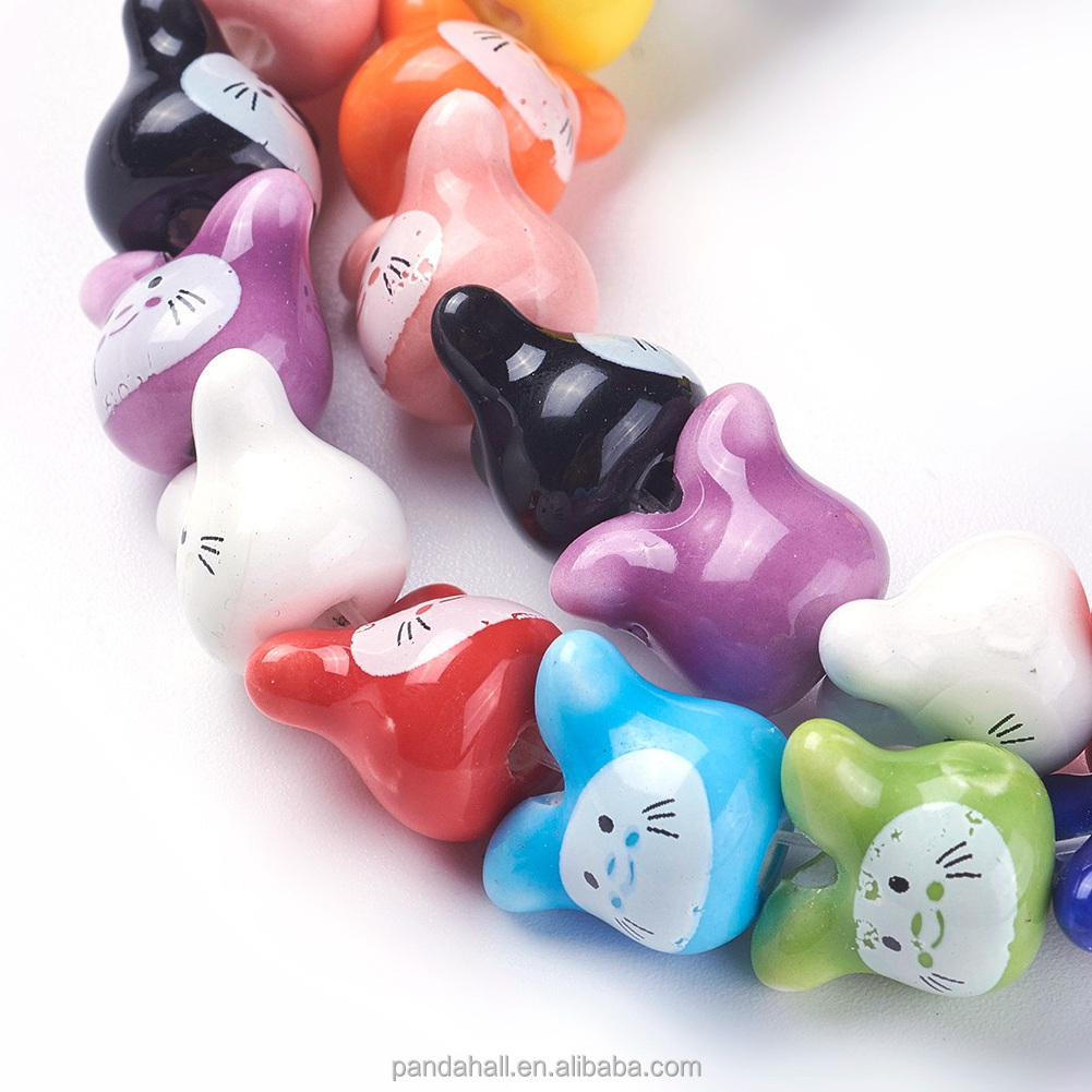 Pandahall Mixed Color Rabbit Head Handmade Printed Bunny Porcelain Beads