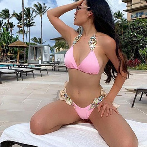 2021 Wholesale Sexy Luxury Pink Rhinestone Diamond Chain swimsuit Two Piece Push Up Bikini Women Swimwear