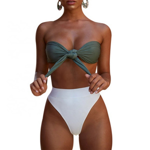 2021 wholesale new knotted high waist bikini ladies two piece tube top bow swimsuit micro thong latex bikini swimwear