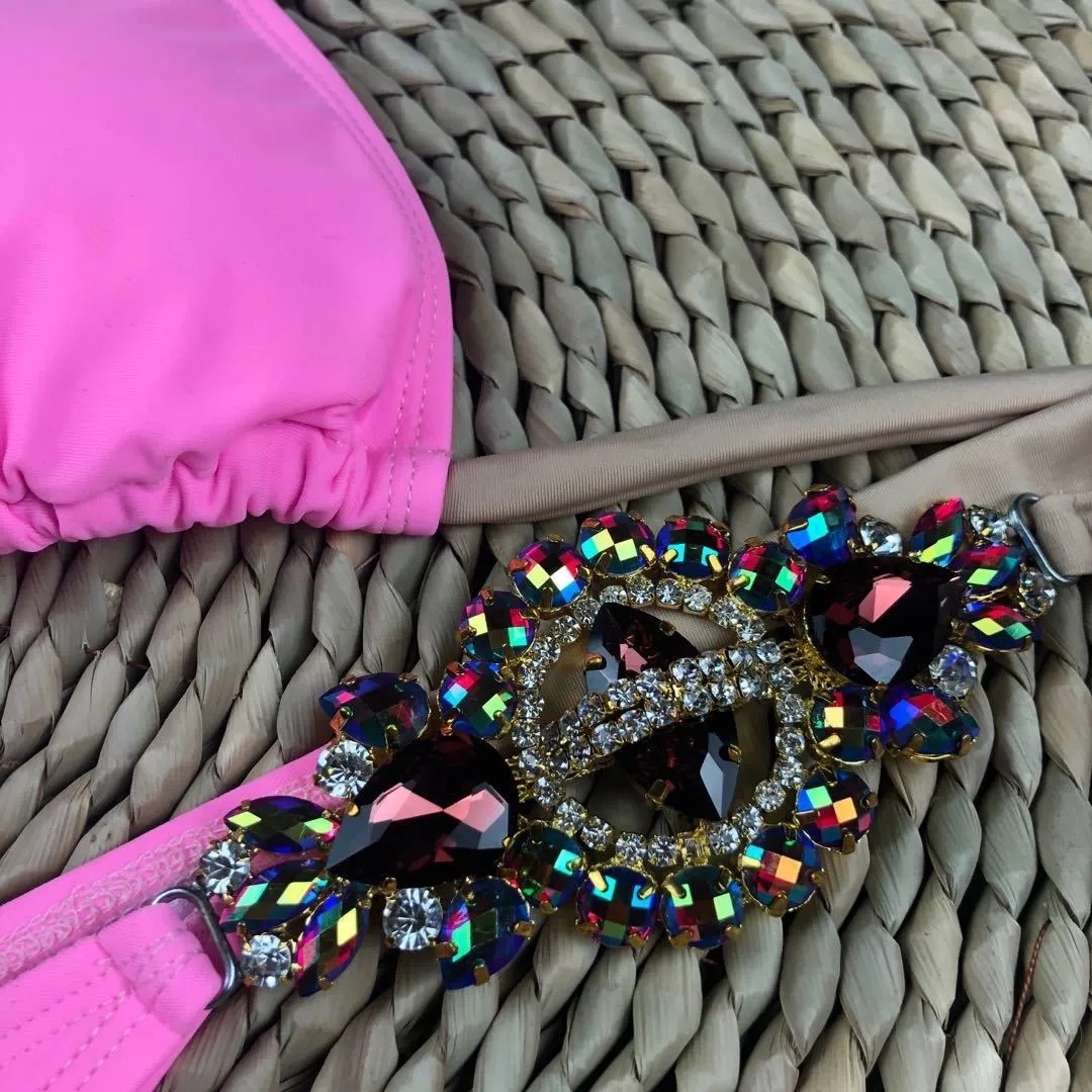 2021 Wholesale Sexy Luxury Pink Rhinestone Diamond Chain swimsuit Two Piece Push Up Bikini Women Swimwear