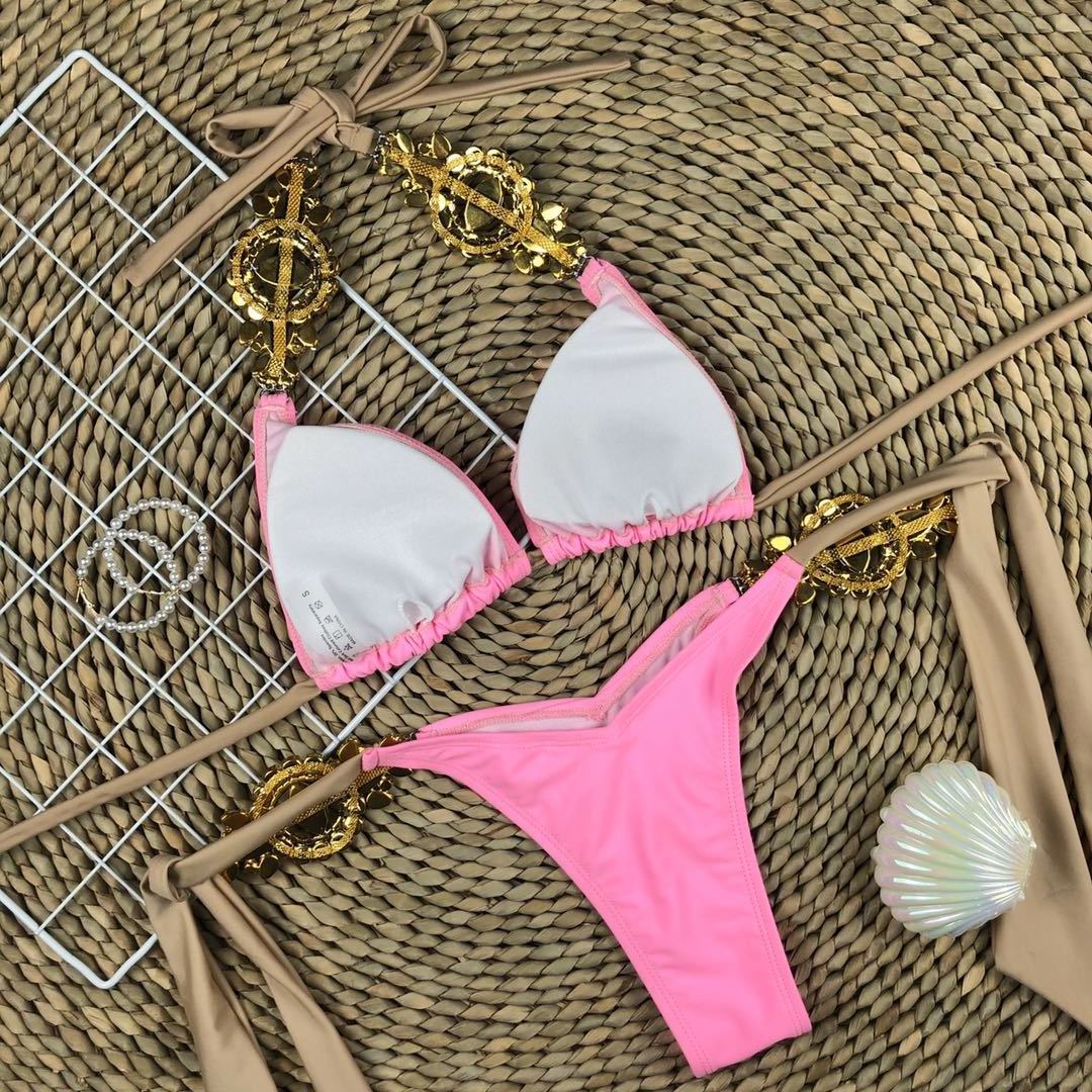 2021 Wholesale Sexy Luxury Pink Rhinestone Diamond Chain swimsuit Two Piece Push Up Bikini Women Swimwear