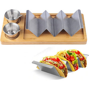 High Quality Wooden Taco Stand Tray Set Of 6 Tortilla Cutlery 304 Stainless Steel Taco Holder Stand With Bamboo Tray