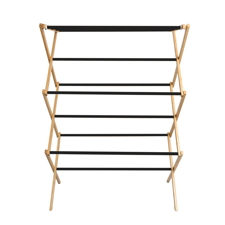 Indoor Tall Portable Retractable Laundry Wooden Clothes Drain Stand Multi Tier Foldable Bamboo Clothes Airer Drying Rack