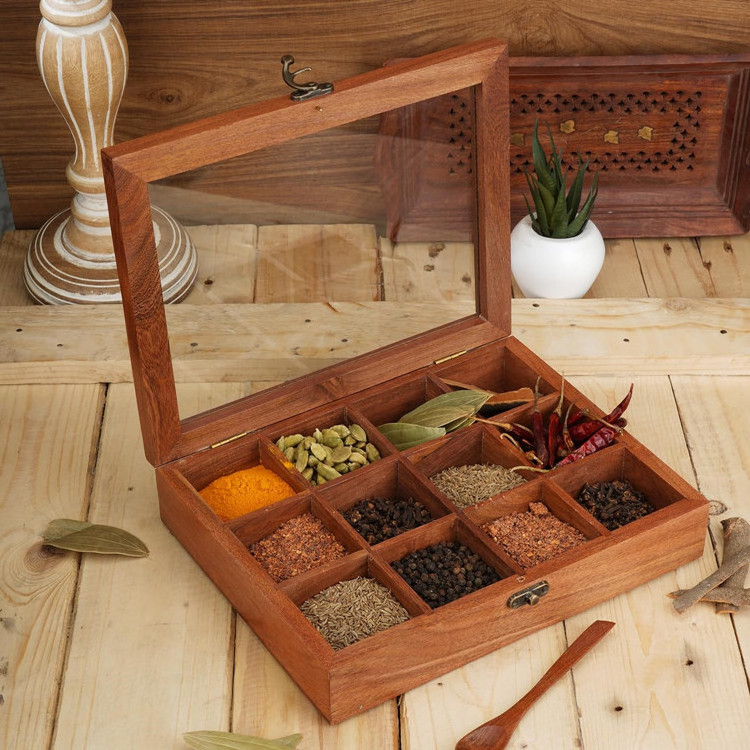 Luxury Wood Herb Spice Rack Kitchen Caja De Madera Para Especias Indian Masala Dabba Organizer Hand Crafted Wooden Spice Box